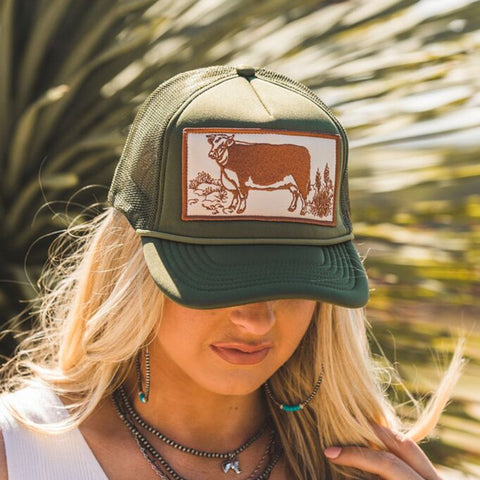 Olive Green Trucker cap with Hereford Embroidered Patch