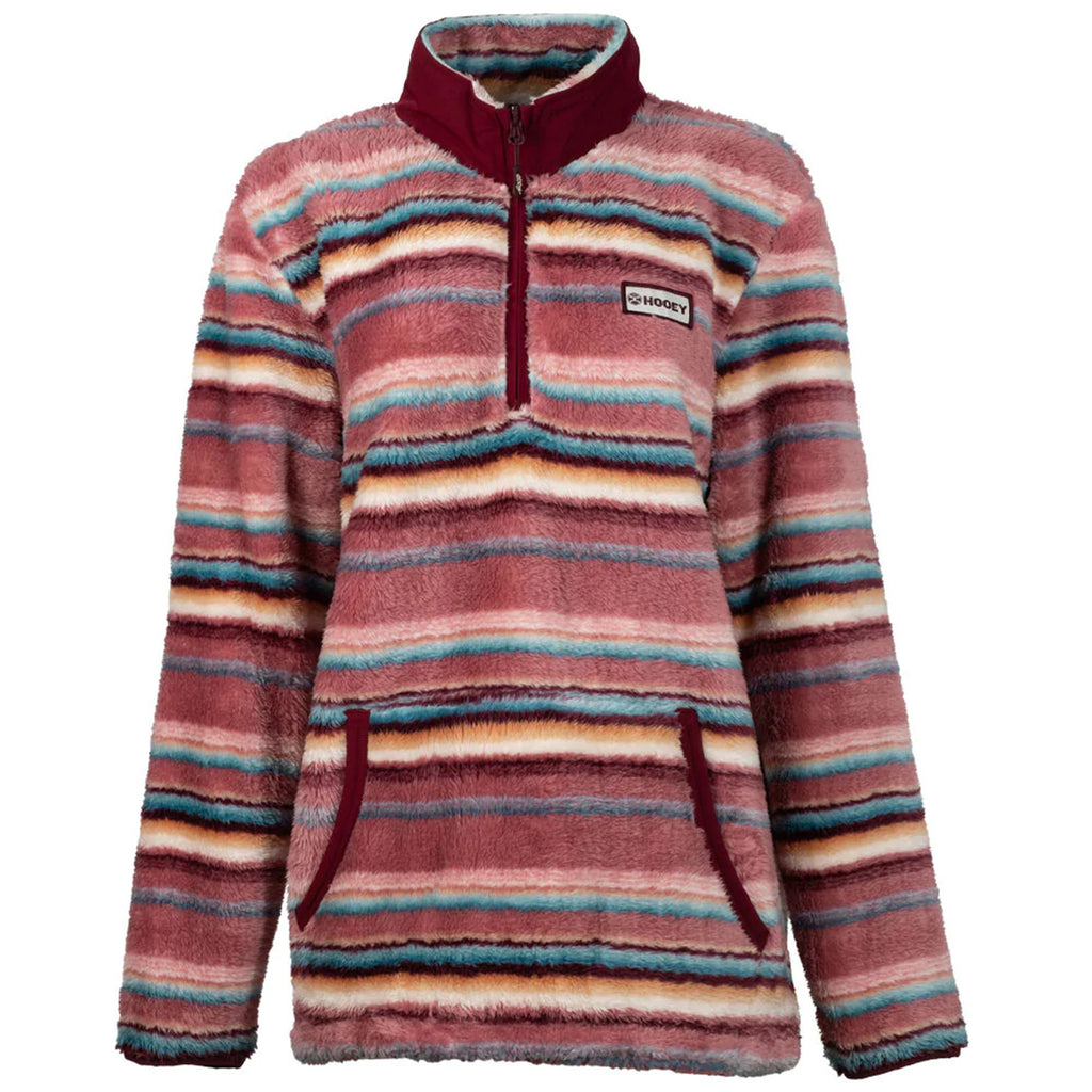 Fleece pull over with pink, blue, white, orange, and maroon horizontal stripes. Collar, zipper, and pocket edges have maroon fabric.