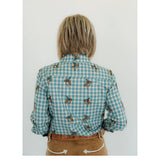 Pearl Snap, Teal Bucking Horse Long Sleeve Back View
