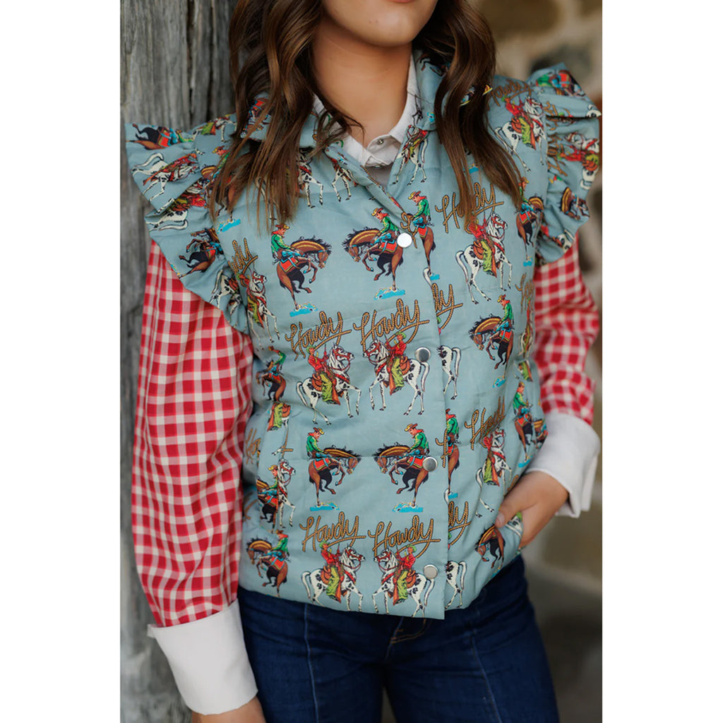 women's turquoise vest with howdy and horse graphics all over