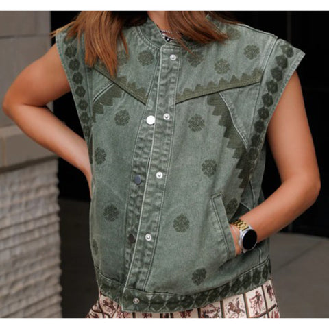 Women's Olive Embroidered Stitching Vest