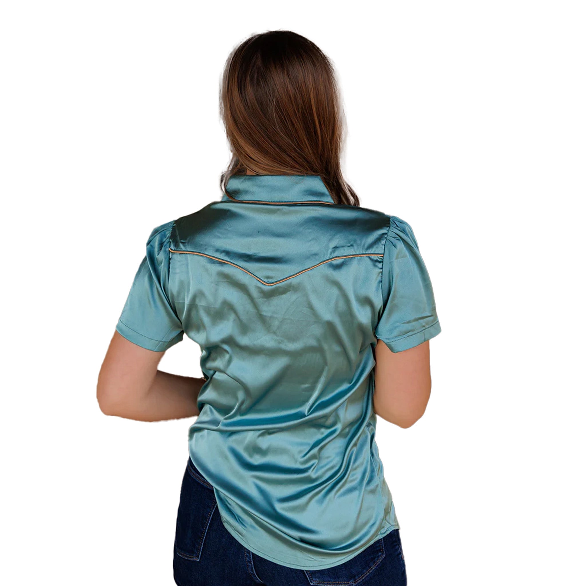 Women's Aqua Teal Satin Pearl Snap Short Sleeve by Howdy Hanny