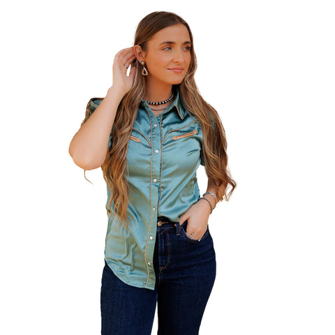 Aqua Teal Satin Pearl Snap Short Sleeve