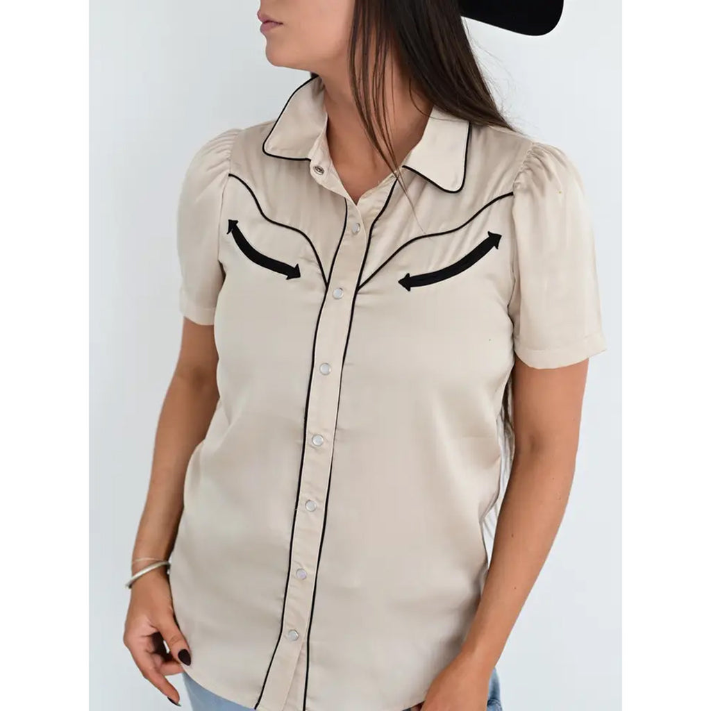 Ivory Satin Short Sleeve Shirt with Black Arrow Pockets and Pearl Snaps