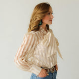 Tie Bow top cream colored sheer striped blouse side view