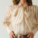 Tie Bow top cream colored sheer striped blouse