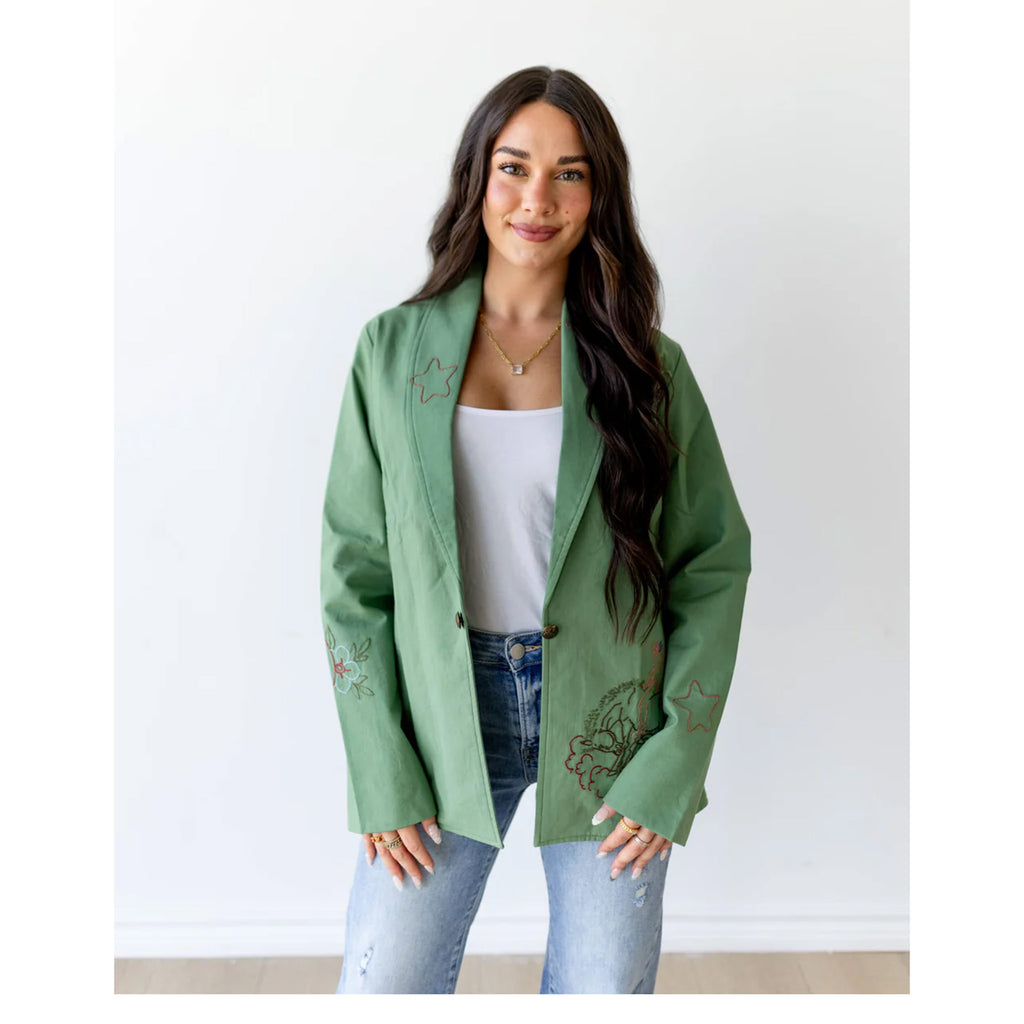 Women's Floral Embroidery Bucking Horse Green Blazer