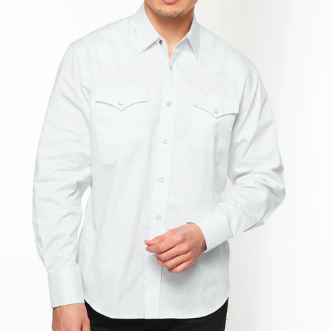 Solid white long sleeve pearl nap shirt with two snap flap chest pockets. 
