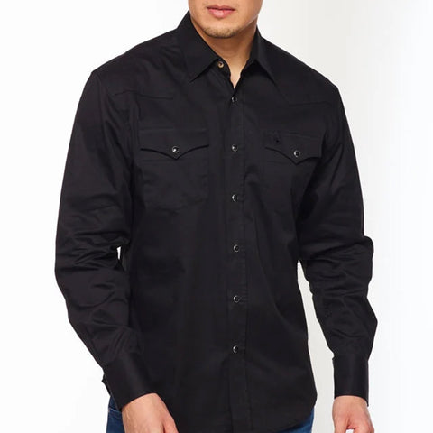 Solid black long sleeve pearl snap shirt with two chest pockets and front western yokes. 