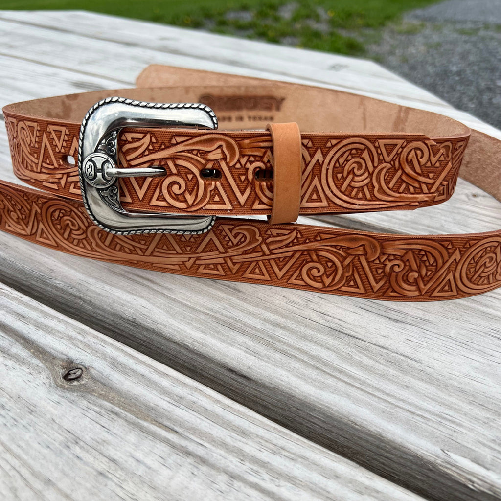 Brown Leather Men's Belt With Tribal Patterns