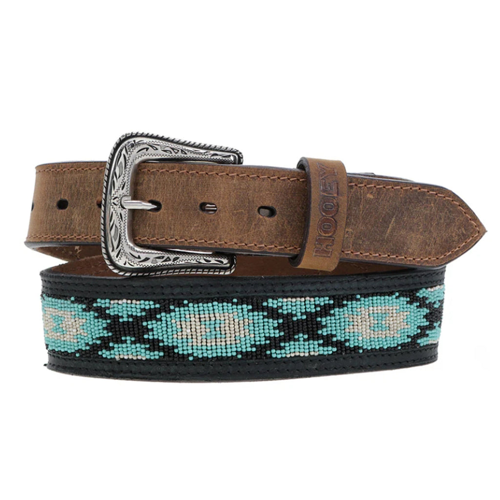 Brown leather belt with ivory and turquoise beadwork