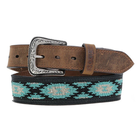 Brown leather belt with ivory and turquoise beadwork