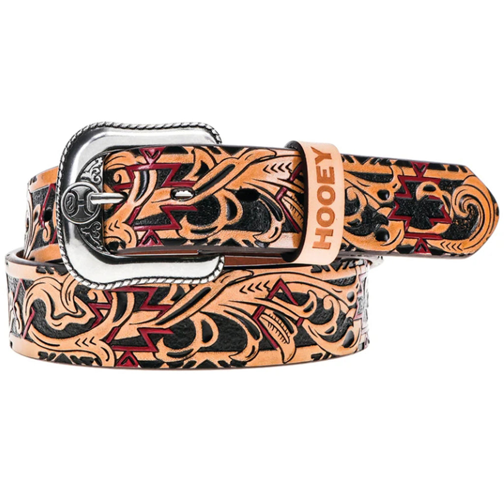 Embossed Aztec leather belt in black, tan, and red