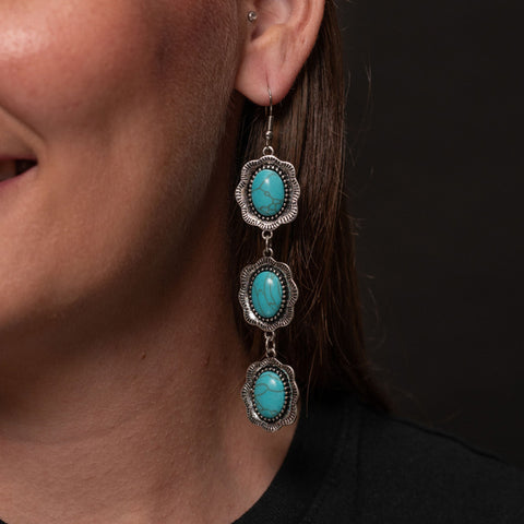 Model Wearing 3 Tier Turquoise Earring on Fishhook
