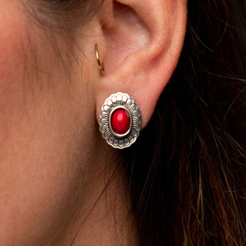 West and Company Silver Flower Concho Red Earrings