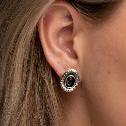 West and Co. Silver Flower & Black Stone Post Earrings