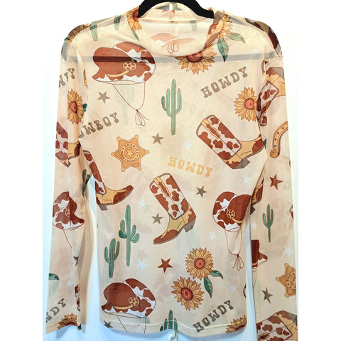 Mesh Long Sleeve with Howdy, Boots, Cowboy Hat, Sunflower and Cactus all over