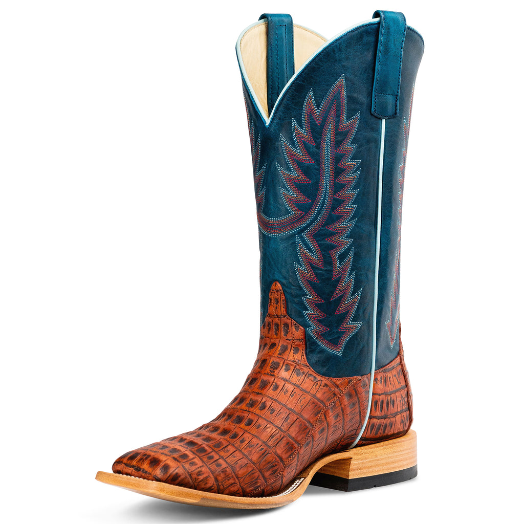 Caiman Tail Leather Boot with Teal Upper on White Background