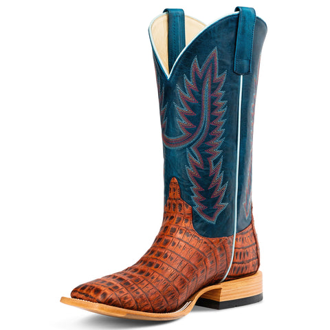 Caiman Tail Leather Boot with Teal Upper on White Background