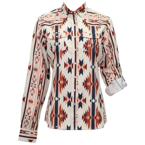 Cream Pearl Snap Button up with Red and Red Aztec Print