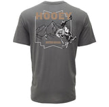 Back side of the t-shirt, it has a large brown, black, and white mountain bronc rider picture. 