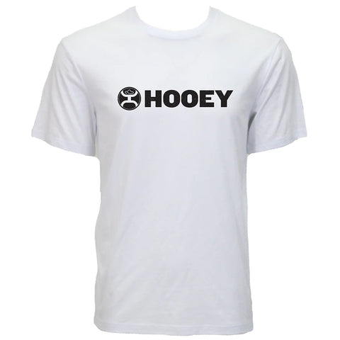 Front side view of all white Hooey t-shirt with black lettering. 