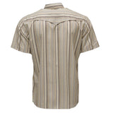 Back view of the Sol cream and stripe short sleeve pearl snap shirt highlighting Western yoke detail on a white background.