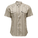 Front view of the Sol short sleeve pearl snap shirt in cream with subtle stripe pattern on a white background.