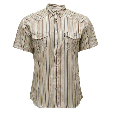 Front view of the Sol short sleeve pearl snap shirt in cream with subtle stripe pattern on a white background.