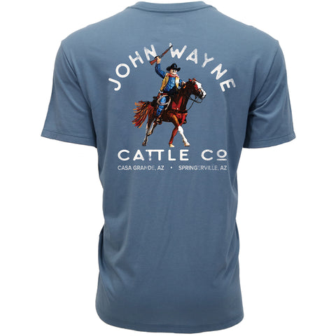 Back View of Hooey John Wayne Cattle Tee showing the cattle graphic and denim‑style print.