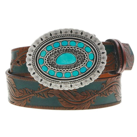 Western-style brown belt with intricate tooling and turquoise embellishments