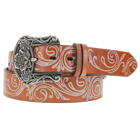 Distressed tan leather belt with ivory accents