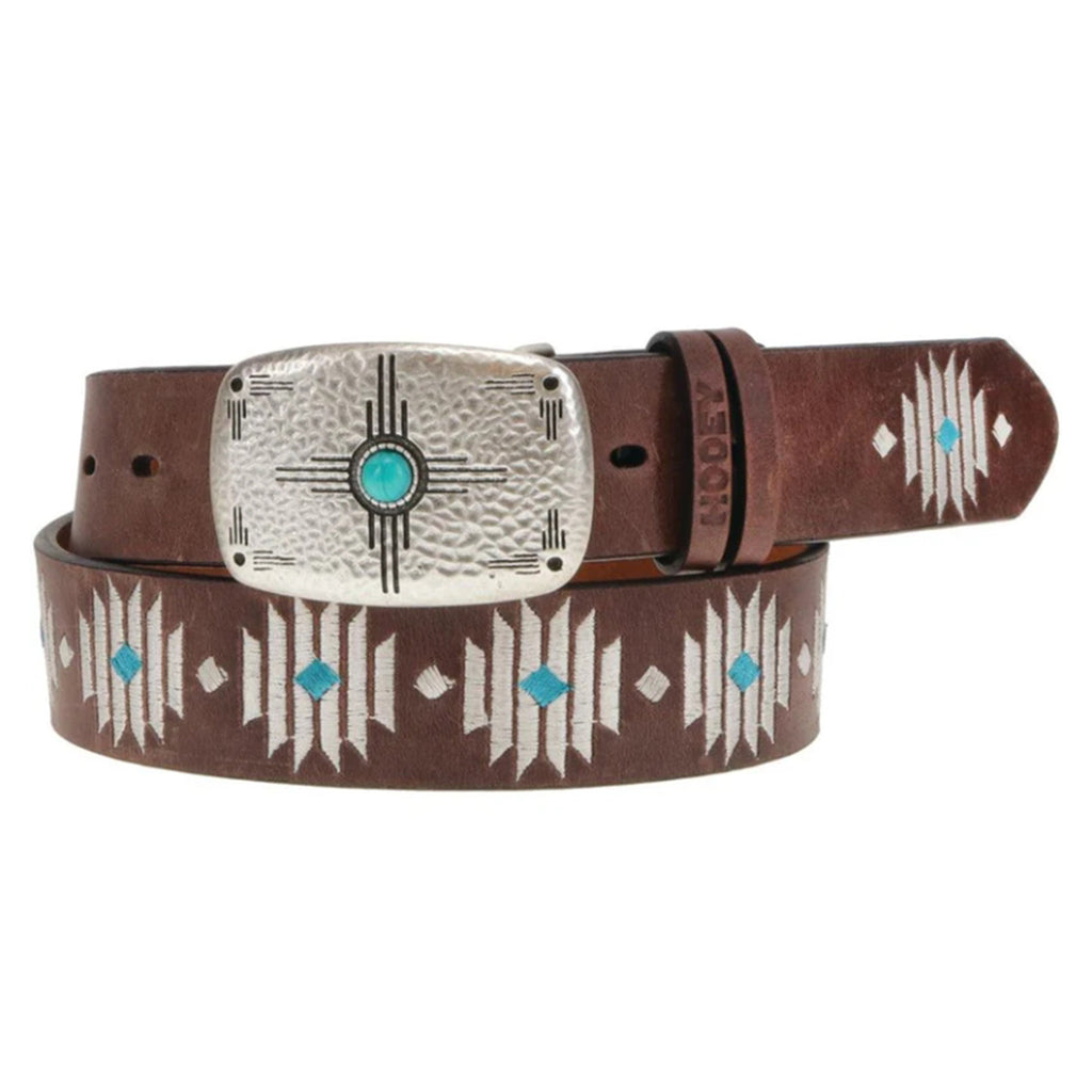 Brown belt with silver buckle and turquoise inlay design