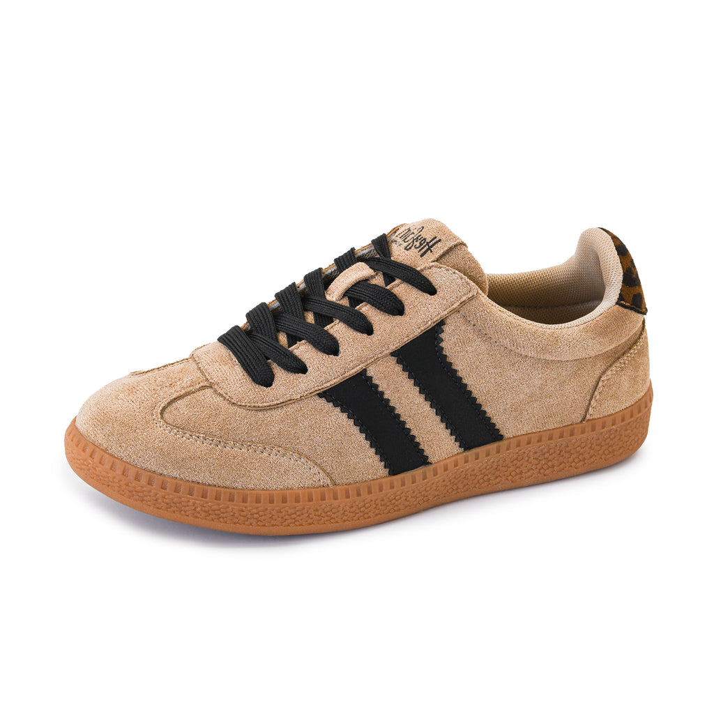 Corkys Camel HeadsUp sneaker on a white background, showing the camel upper, lace‑up closure, bold side stripes, padded insole, and lightweight sole.