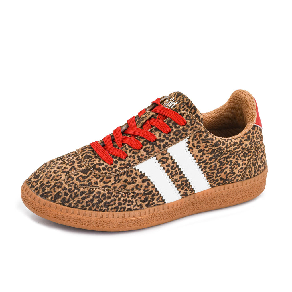 Toe to heel side view of Corkys Mini Leopard Heads Up Shoes 