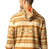 Back view of man wearing a natural and tan aztec hoodie