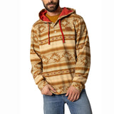 Man wearing a natural and tan aztec hoodie with burnt orange strings
