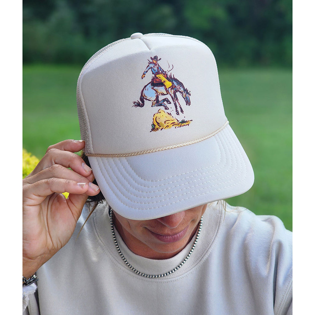Tan Trucker cap with bucking horse on front 