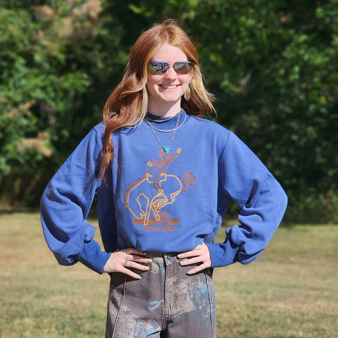 Blue Crop length sweatshirt, embroidery bronc and rider on front 