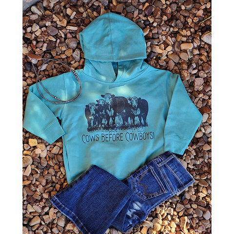 hoodie, turquoise color, cows 