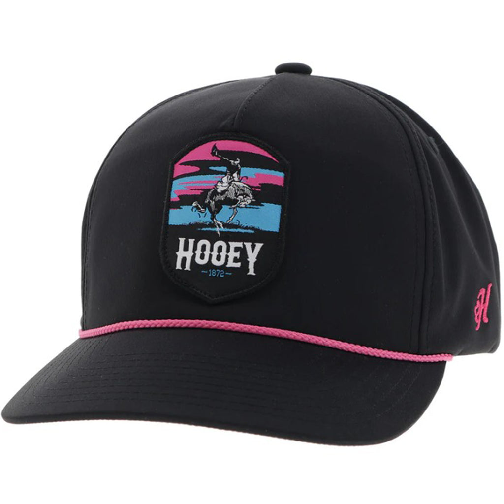 black cap with pink rope and hooey emblem and pink and turqouise logo.