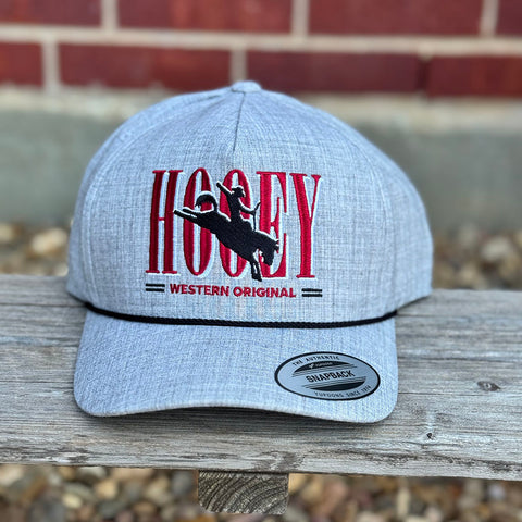 Hooey heather grey, red writing and black bronc 