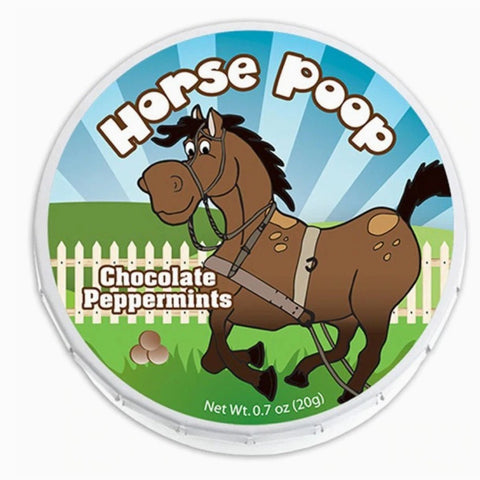 Plastic container with the words Horse Poop  (chocolate mints) with a picture of a horse