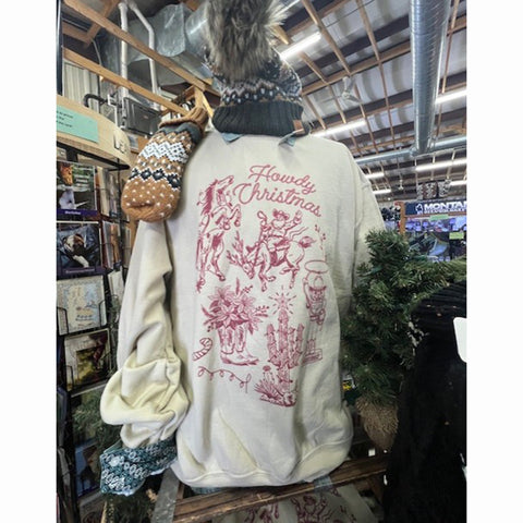 Cream Sweatshirt wtih Red Western Christmas graphics and the words "Howdy Christmas"
