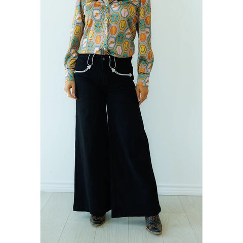 Black wide leg, smiley pockets, howdy hanny 