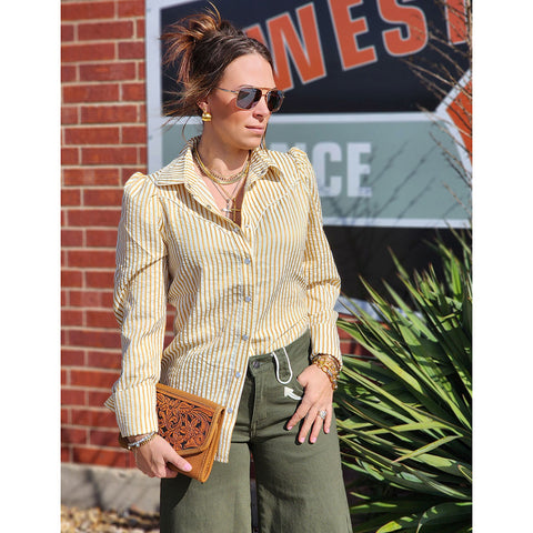 Long Sleeve pearl snap, Mustard Stripe, puffy sleeves 