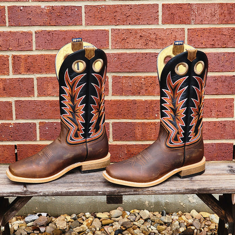 Brown Cowhide, boot stitching on top with Black top shelf cowhide for tops 