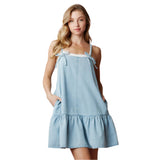 Washed Denim Braided Spaghetti Straps with Bow Detail Mini Dress
