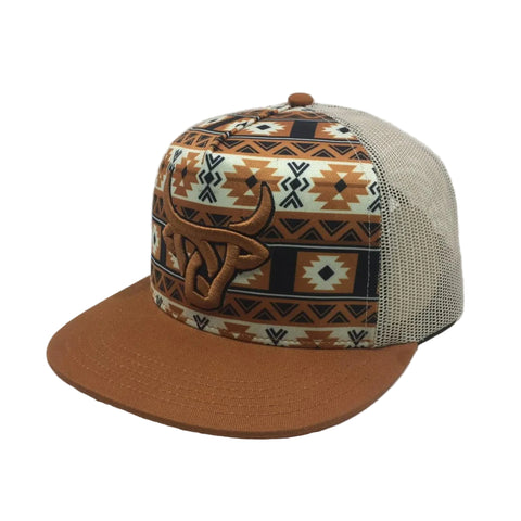 Two‑tone Lost Calf 5‑panel hat on a white background, showing the rich brown embroidered logo.