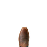 Top side view of the toe on the Ariat Men's Fiery Brown Roughstock Hybrid Cowboy Boots.
